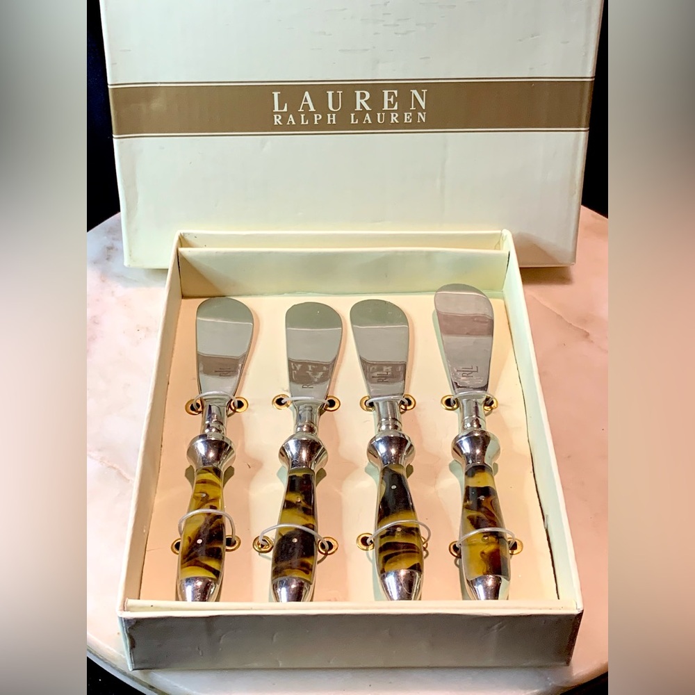 RALPH LAUREN WENTWORTH TORTOISE SPREADERS KNIVES SET OF 4 STAINLESS STEEL